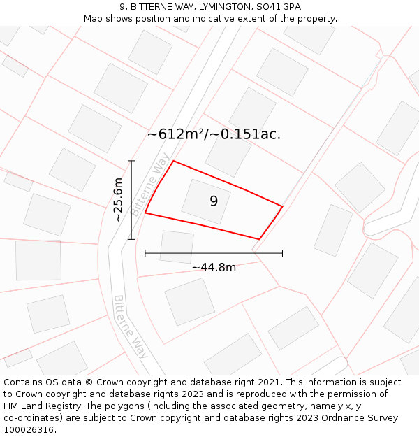 9, BITTERNE WAY, LYMINGTON, SO41 3PA: Plot and title map