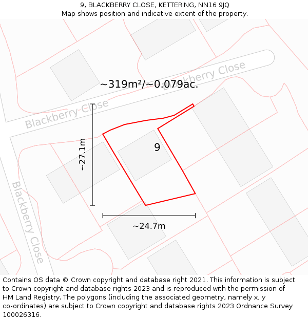 9, BLACKBERRY CLOSE, KETTERING, NN16 9JQ: Plot and title map