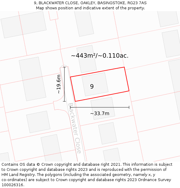 9, BLACKWATER CLOSE, OAKLEY, BASINGSTOKE, RG23 7AS: Plot and title map