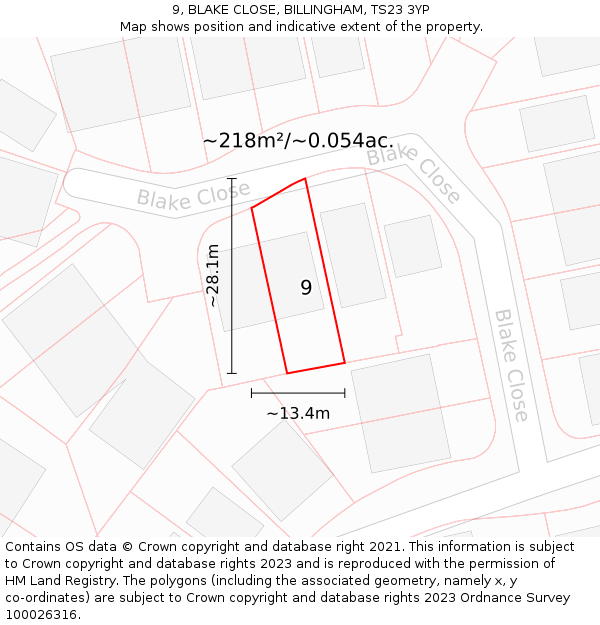 9, BLAKE CLOSE, BILLINGHAM, TS23 3YP: Plot and title map