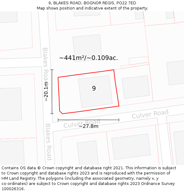 9, BLAKES ROAD, BOGNOR REGIS, PO22 7ED: Plot and title map