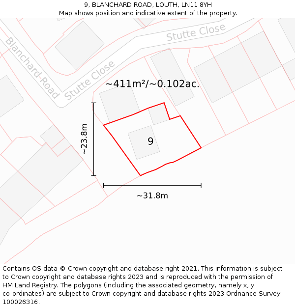 9, BLANCHARD ROAD, LOUTH, LN11 8YH: Plot and title map
