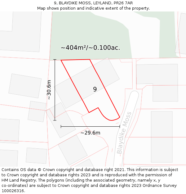 9, BLAYDIKE MOSS, LEYLAND, PR26 7AR: Plot and title map