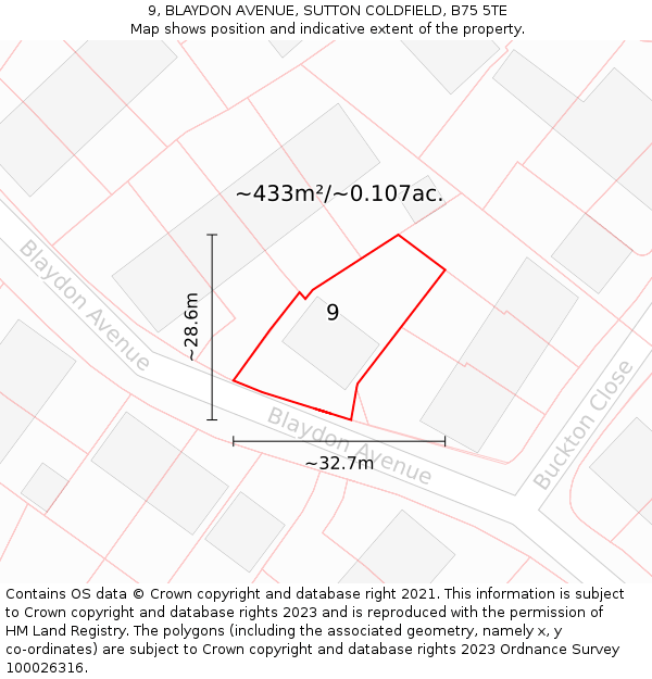 9, BLAYDON AVENUE, SUTTON COLDFIELD, B75 5TE: Plot and title map