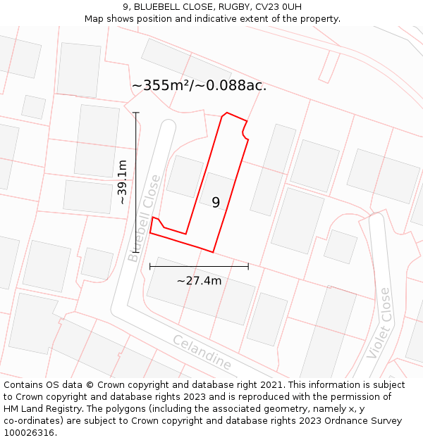 9, BLUEBELL CLOSE, RUGBY, CV23 0UH: Plot and title map