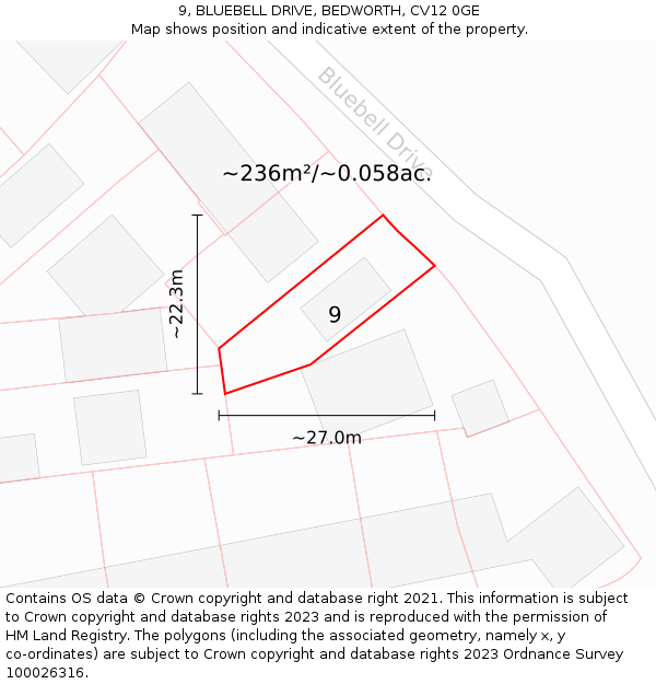 9, BLUEBELL DRIVE, BEDWORTH, CV12 0GE: Plot and title map