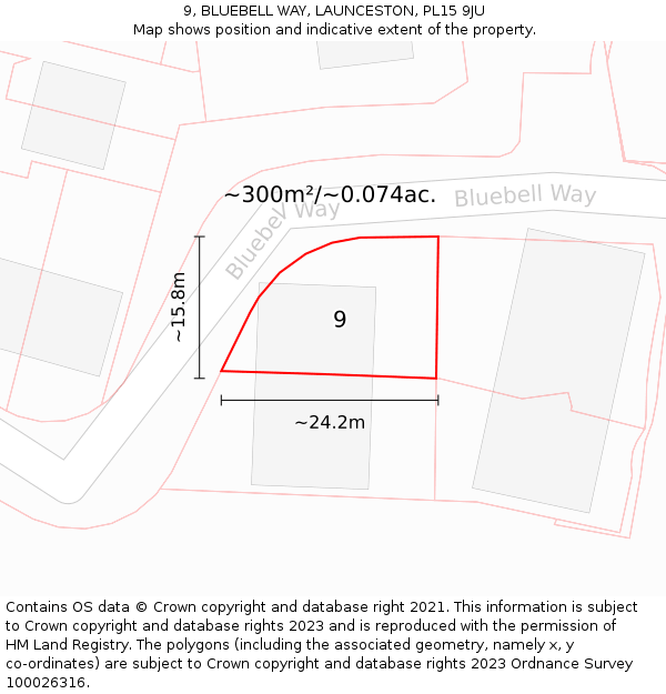 9, BLUEBELL WAY, LAUNCESTON, PL15 9JU: Plot and title map