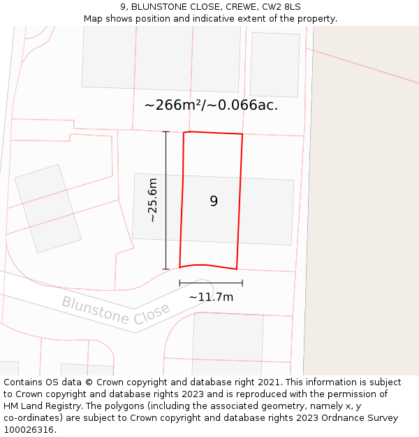 9, BLUNSTONE CLOSE, CREWE, CW2 8LS: Plot and title map