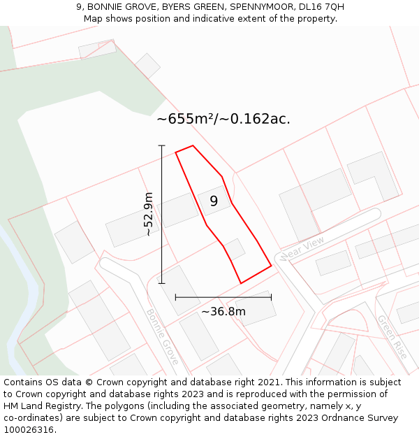 9, BONNIE GROVE, BYERS GREEN, SPENNYMOOR, DL16 7QH: Plot and title map