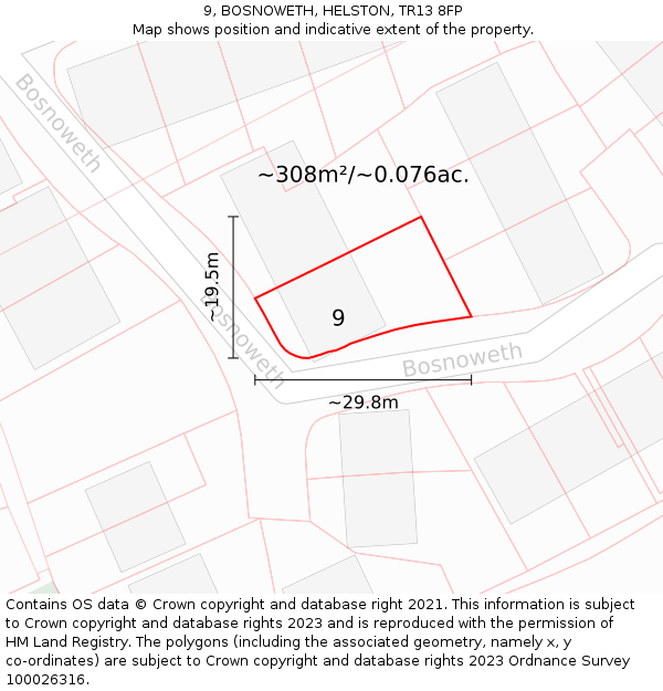 9, BOSNOWETH, HELSTON, TR13 8FP: Plot and title map