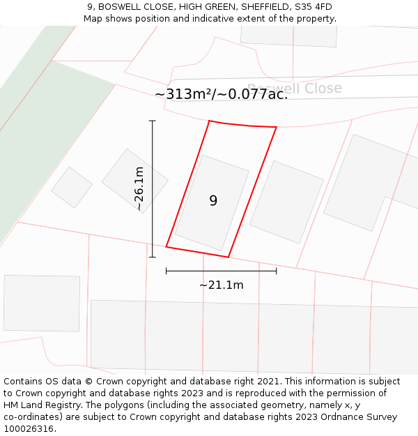 9, BOSWELL CLOSE, HIGH GREEN, SHEFFIELD, S35 4FD: Plot and title map