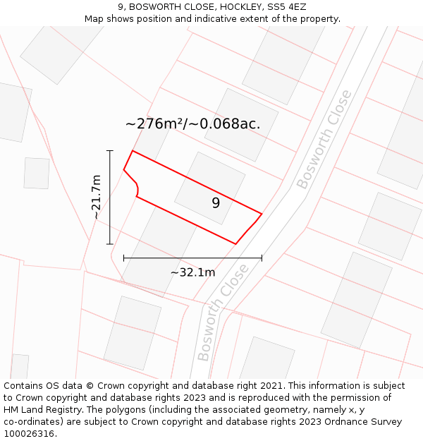 9, BOSWORTH CLOSE, HOCKLEY, SS5 4EZ: Plot and title map