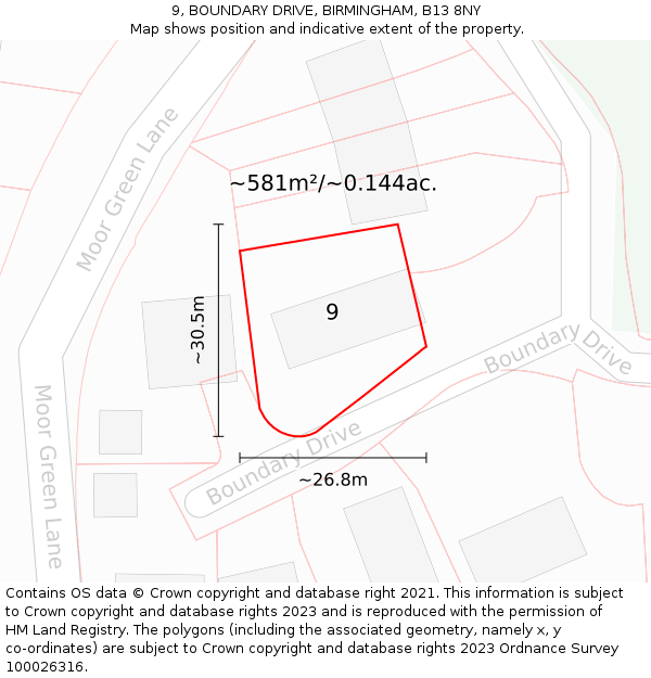 9, BOUNDARY DRIVE, BIRMINGHAM, B13 8NY: Plot and title map