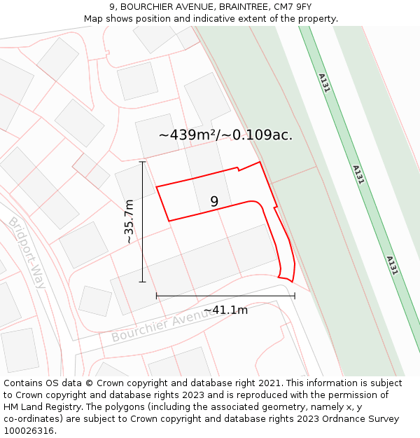 9, BOURCHIER AVENUE, BRAINTREE, CM7 9FY: Plot and title map