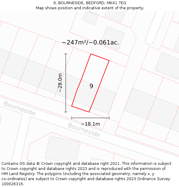 9, BOURNESIDE, BEDFORD, MK41 7EG: Plot and title map