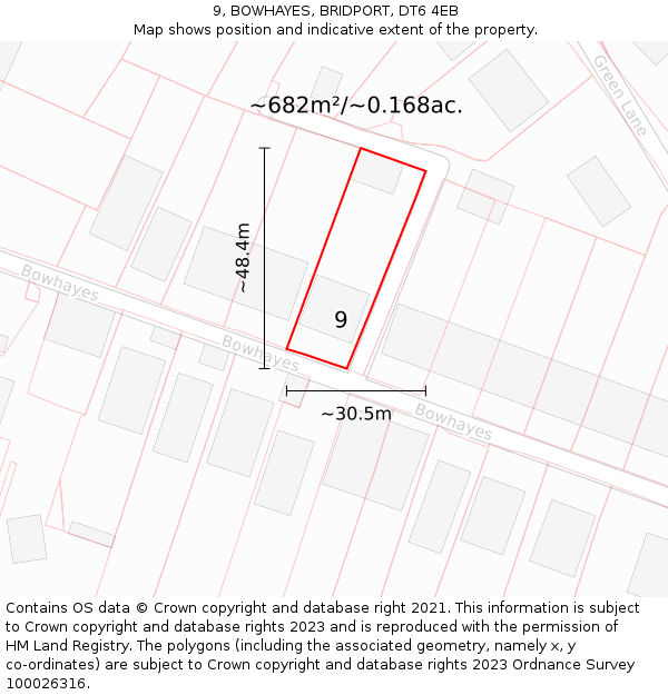 9, BOWHAYES, BRIDPORT, DT6 4EB: Plot and title map