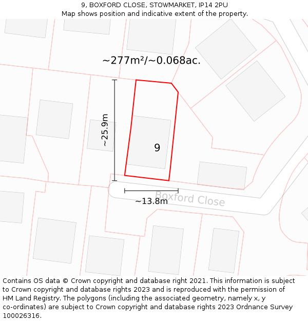 9, BOXFORD CLOSE, STOWMARKET, IP14 2PU: Plot and title map