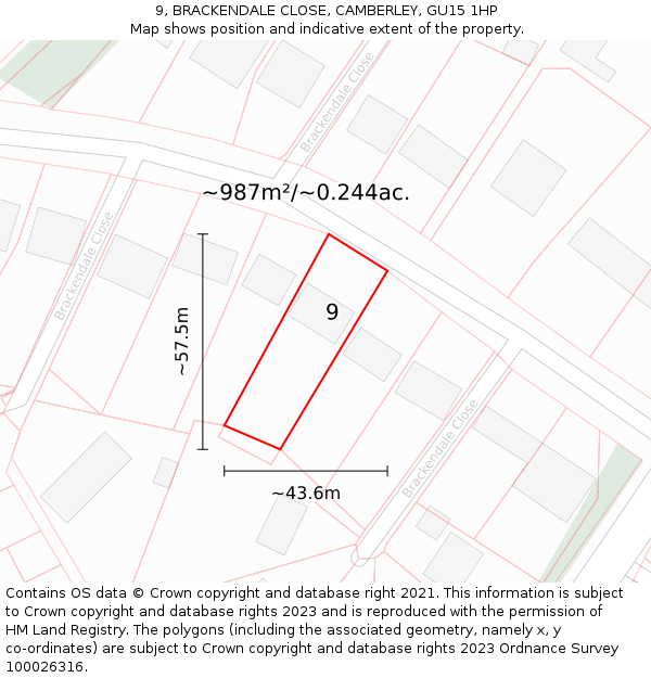 9, BRACKENDALE CLOSE, CAMBERLEY, GU15 1HP: Plot and title map