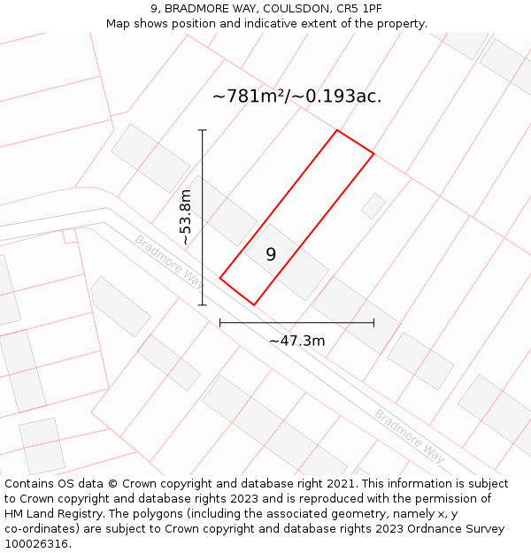 9, BRADMORE WAY, COULSDON, CR5 1PF: Plot and title map