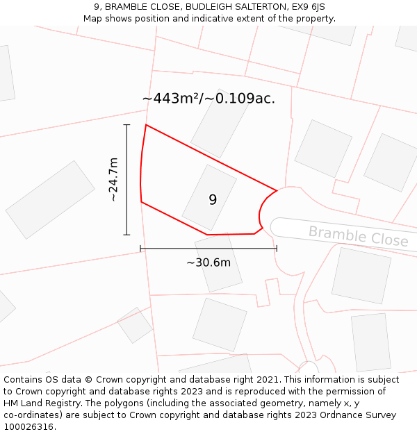 9, BRAMBLE CLOSE, BUDLEIGH SALTERTON, EX9 6JS: Plot and title map