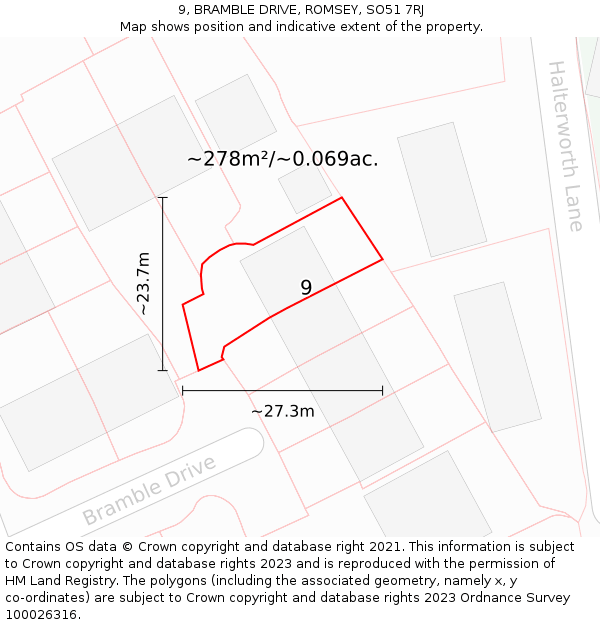 9, BRAMBLE DRIVE, ROMSEY, SO51 7RJ: Plot and title map