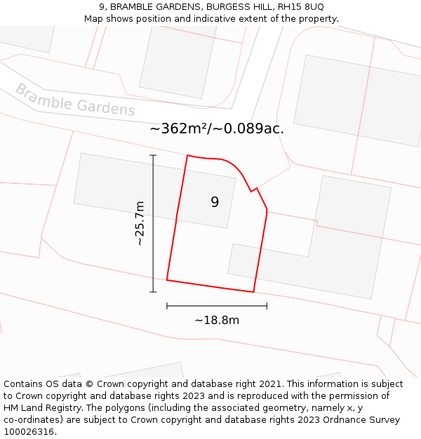 9, BRAMBLE GARDENS, BURGESS HILL, RH15 8UQ: Plot and title map