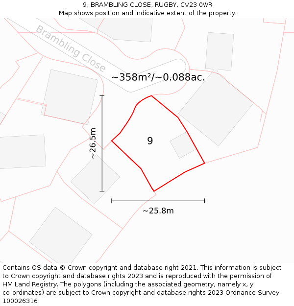 9, BRAMBLING CLOSE, RUGBY, CV23 0WR: Plot and title map