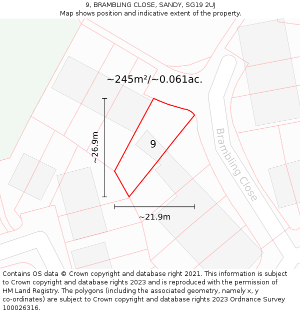 9, BRAMBLING CLOSE, SANDY, SG19 2UJ: Plot and title map