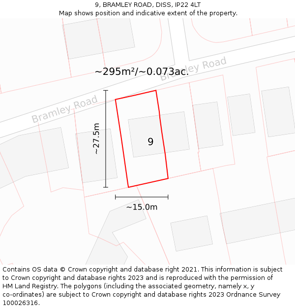 9, BRAMLEY ROAD, DISS, IP22 4LT: Plot and title map