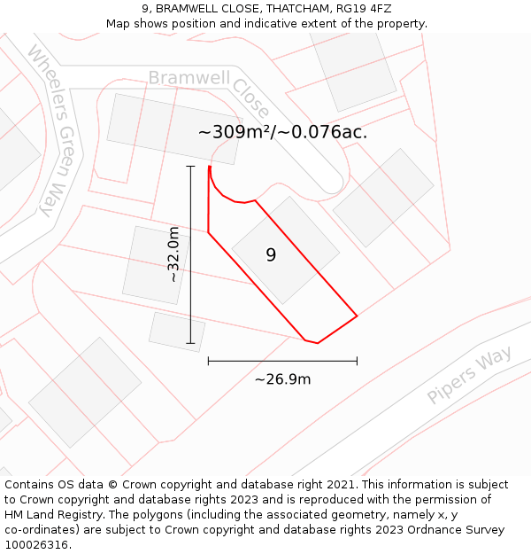 9, BRAMWELL CLOSE, THATCHAM, RG19 4FZ: Plot and title map