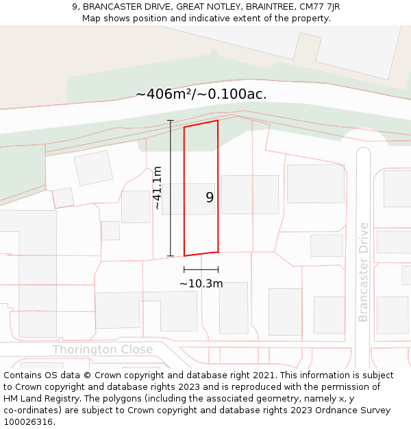 9, BRANCASTER DRIVE, GREAT NOTLEY, BRAINTREE, CM77 7JR: Plot and title map