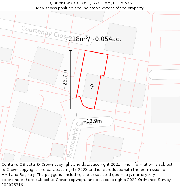 9, BRANEWICK CLOSE, FAREHAM, PO15 5RS: Plot and title map