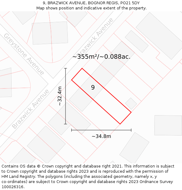 9, BRAZWICK AVENUE, BOGNOR REGIS, PO21 5DY: Plot and title map