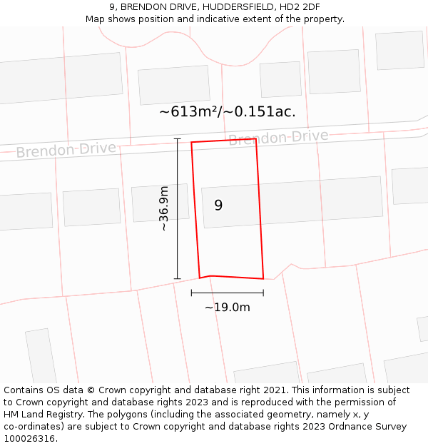 9, BRENDON DRIVE, HUDDERSFIELD, HD2 2DF: Plot and title map