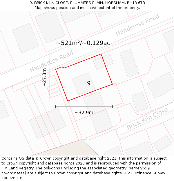 9, BRICK KILN CLOSE, PLUMMERS PLAIN, HORSHAM, RH13 6TB: Plot and title map