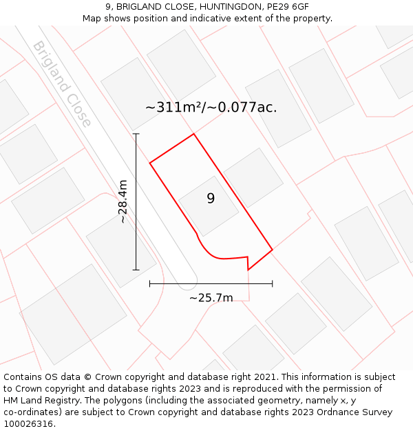 9, BRIGLAND CLOSE, HUNTINGDON, PE29 6GF: Plot and title map