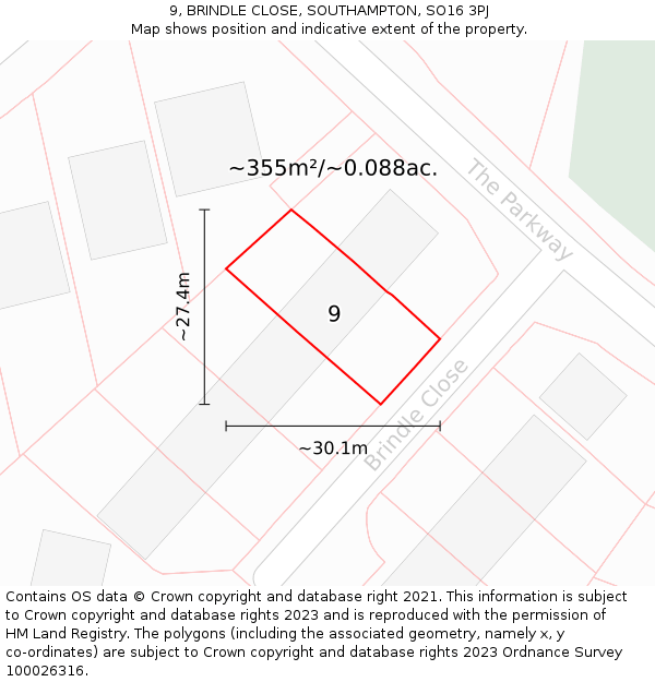 9, BRINDLE CLOSE, SOUTHAMPTON, SO16 3PJ: Plot and title map