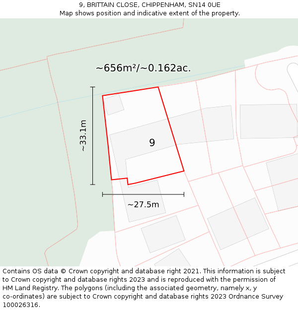 9, BRITTAIN CLOSE, CHIPPENHAM, SN14 0UE: Plot and title map