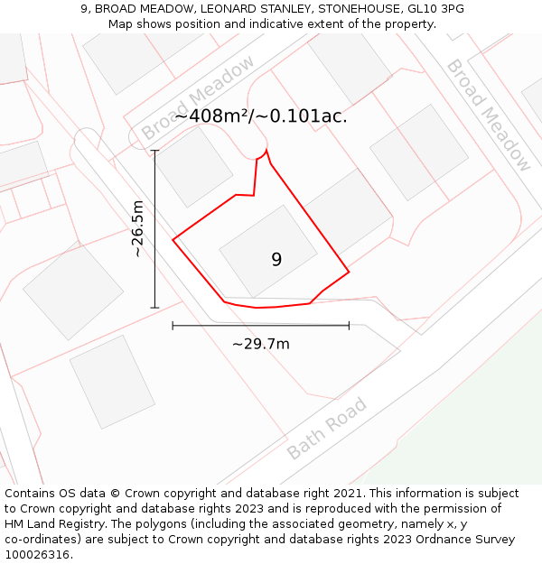 9, BROAD MEADOW, LEONARD STANLEY, STONEHOUSE, GL10 3PG: Plot and title map