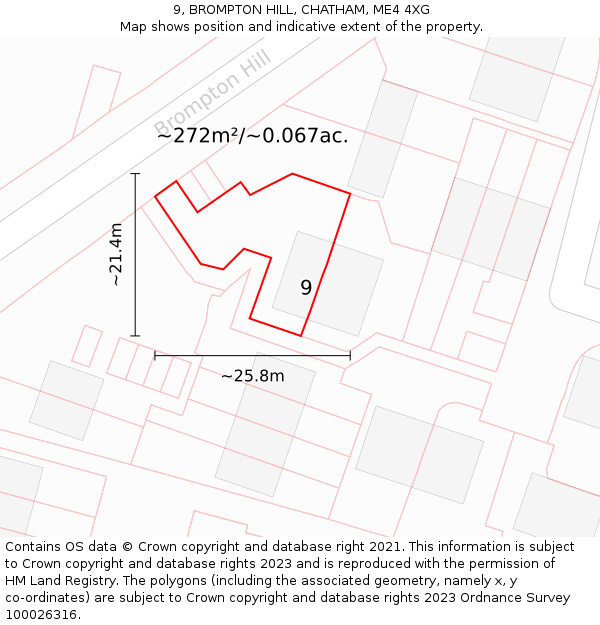 9, BROMPTON HILL, CHATHAM, ME4 4XG: Plot and title map