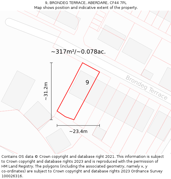 9, BRONDEG TERRACE, ABERDARE, CF44 7PL: Plot and title map