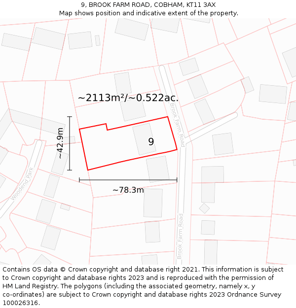 9, BROOK FARM ROAD, COBHAM, KT11 3AX: Plot and title map