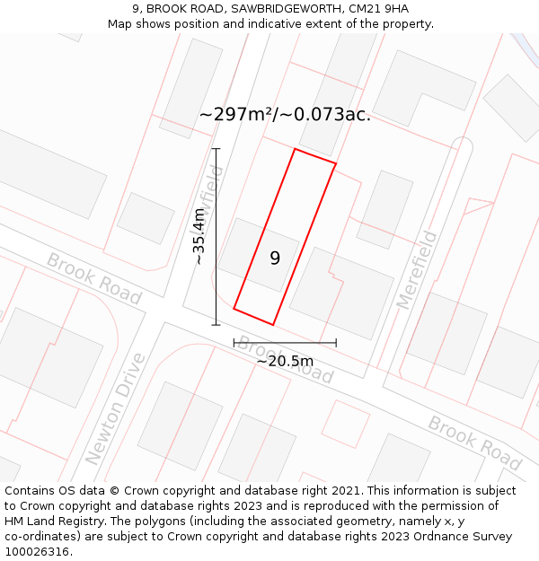 9, BROOK ROAD, SAWBRIDGEWORTH, CM21 9HA: Plot and title map