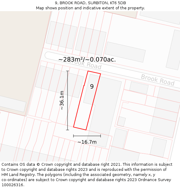 9, BROOK ROAD, SURBITON, KT6 5DB: Plot and title map