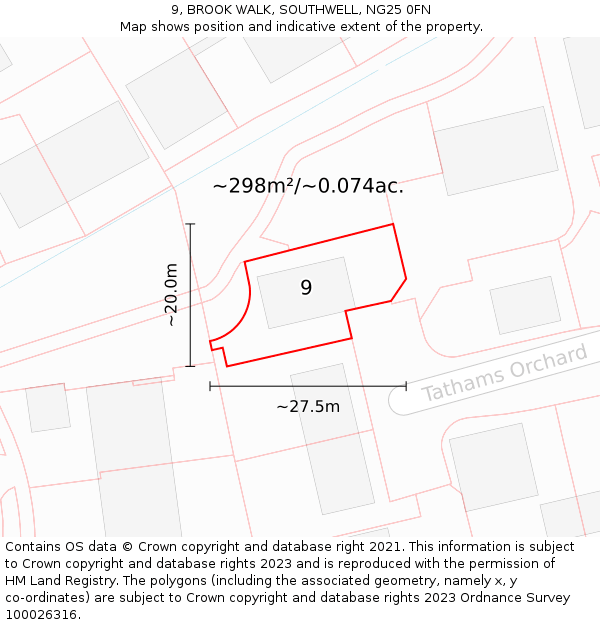 9, BROOK WALK, SOUTHWELL, NG25 0FN: Plot and title map