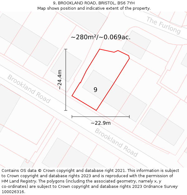 9, BROOKLAND ROAD, BRISTOL, BS6 7YH: Plot and title map