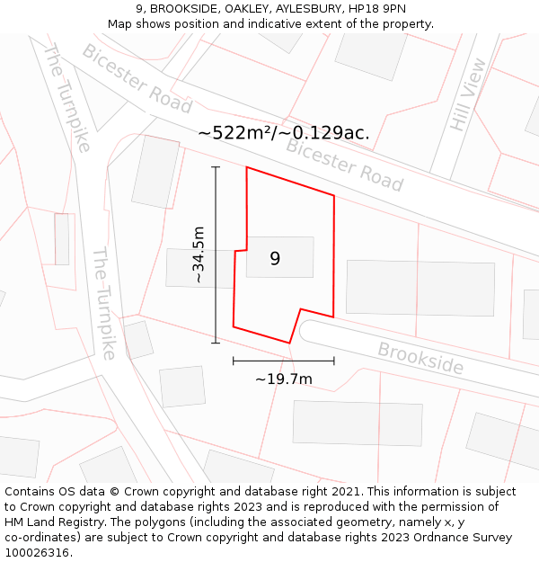 9, BROOKSIDE, OAKLEY, AYLESBURY, HP18 9PN: Plot and title map