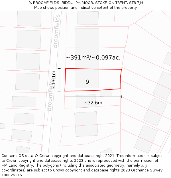 9, BROOMFIELDS, BIDDULPH MOOR, STOKE-ON-TRENT, ST8 7JH: Plot and title map