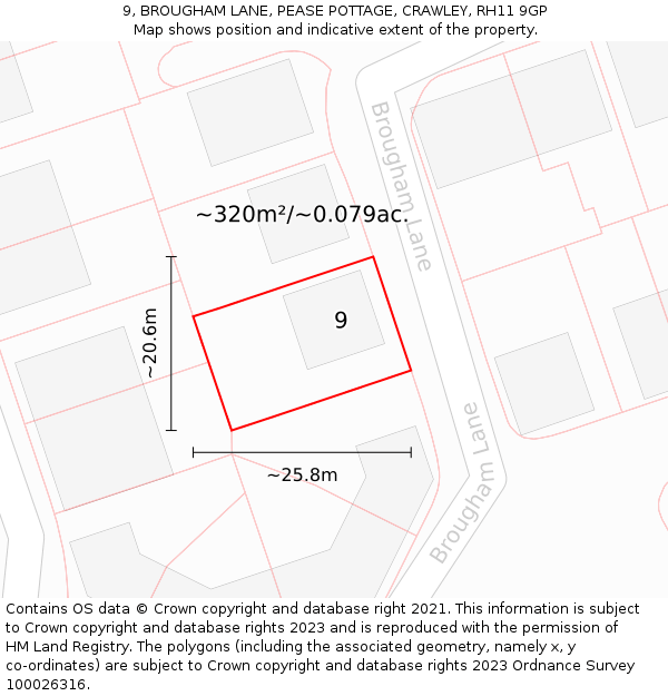 9, BROUGHAM LANE, PEASE POTTAGE, CRAWLEY, RH11 9GP: Plot and title map