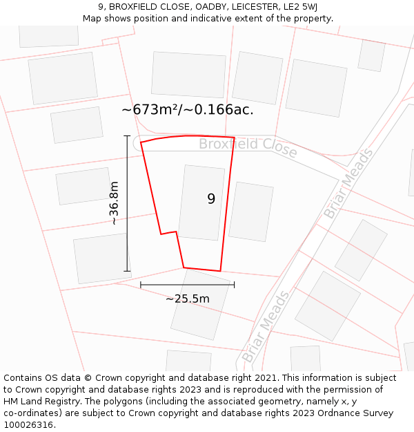 9, BROXFIELD CLOSE, OADBY, LEICESTER, LE2 5WJ: Plot and title map